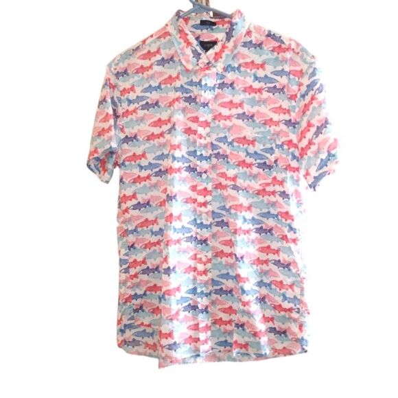 J. Crew Men's (L) Red & Blue Fish Print Shirt Slim Fit Short Sleeve Button Up - Picture 1 of 4